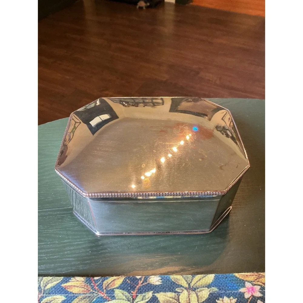 Vintage Silver Over Copper Octagonal Trinket Box Hinged Biscuit Jewelry Case